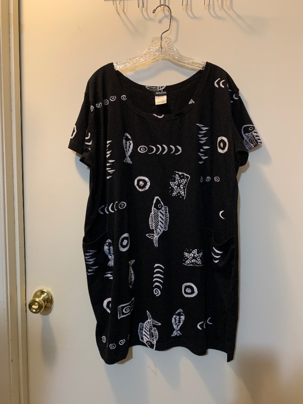 InGear Resort Beach Black Nautical Fish Starfish T-Shirt Dress Pockets - Size L